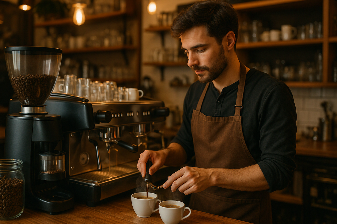 Barista trabajando detrás de una barra de cafetería, imagen del Taller de Barista Inicial de ICHCA